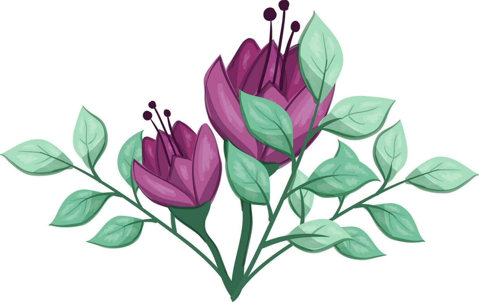 Illustration of a Purple Flower with Green Leaves on a White Background vector