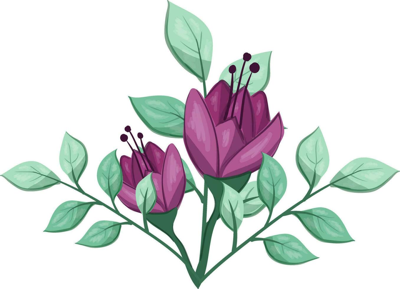 Illustration of a Purple Flower with Green Leaves on a White Background vector