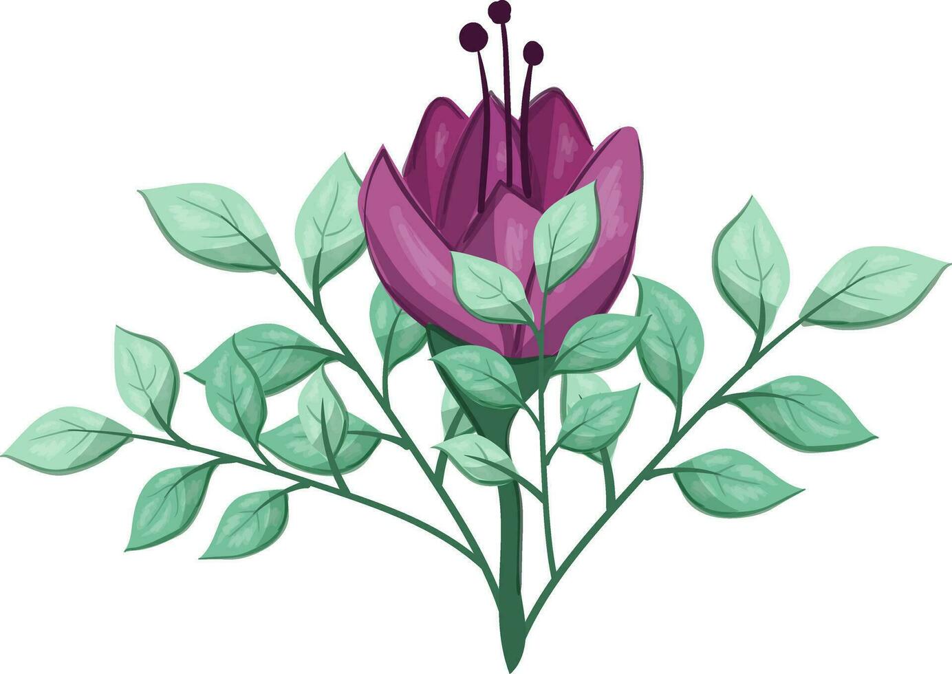 ilustración de un púrpura flor con verde hojas en un blanco antecedentes vector