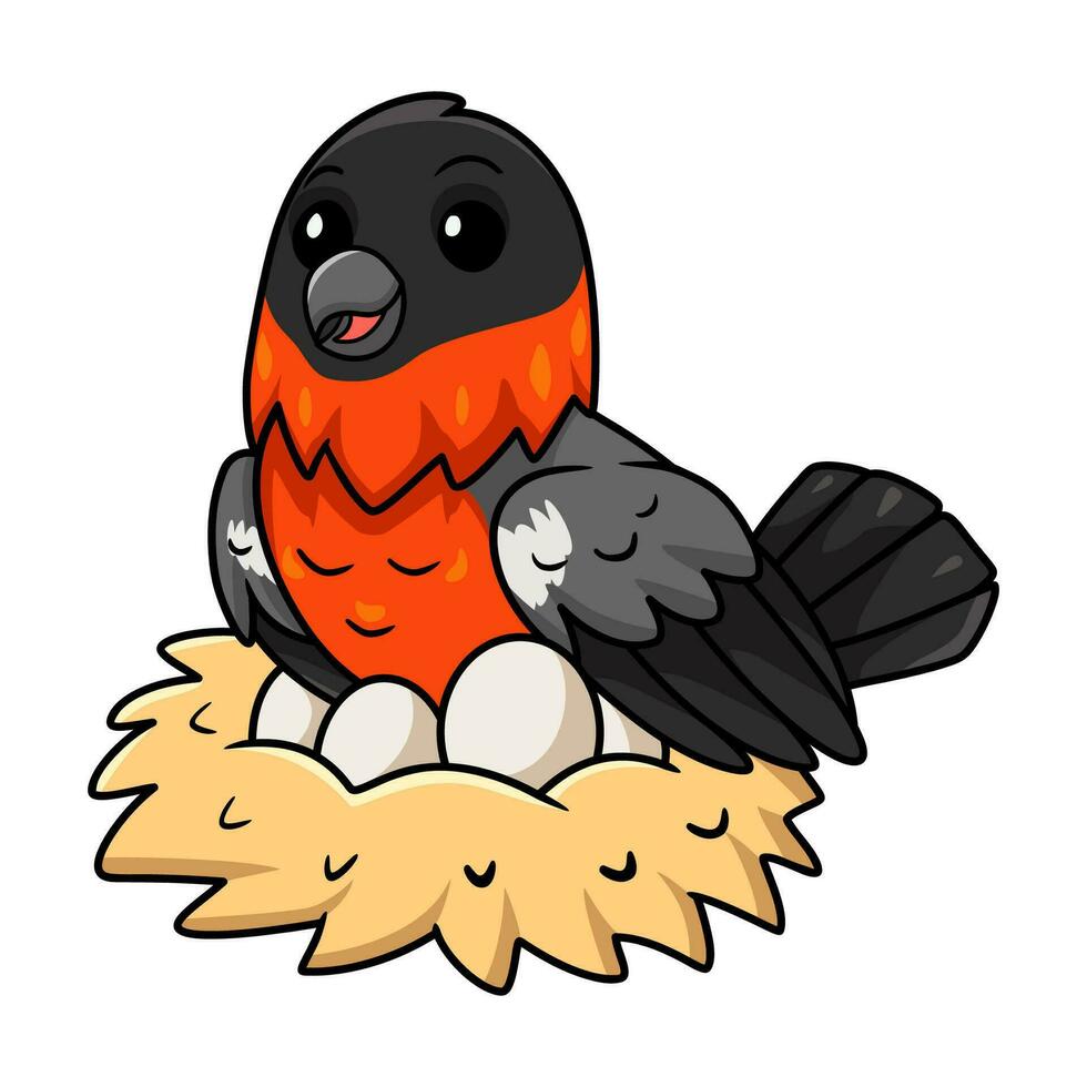 Cute bullfinch bird cartoon with eggs in the nest vector