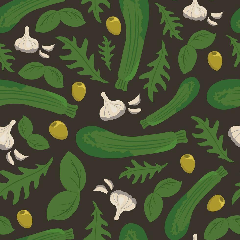 Vector seamless pattern with zucchini, olives, herbs and garlic on black background. Wallpaper, textile or paper print