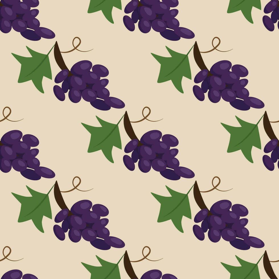 Vector seamless pattern with purple grapes on biege. Wallpaper, background, paper or textile print