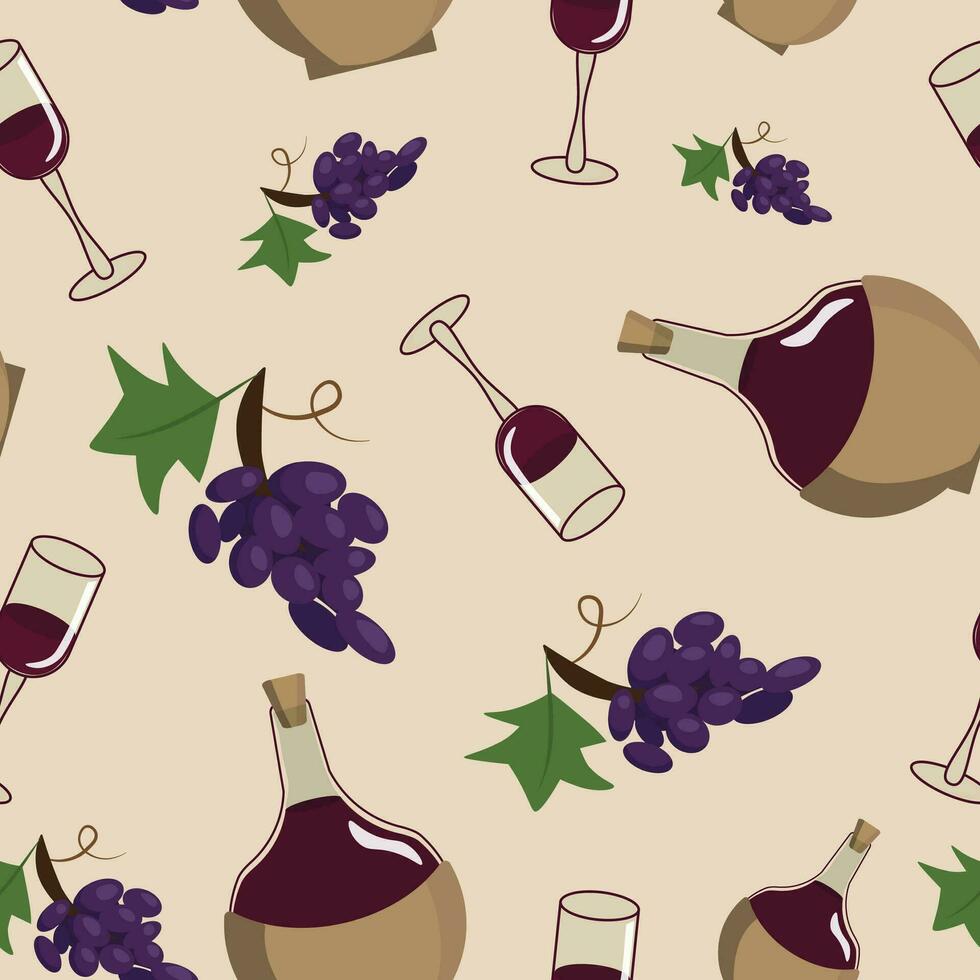 Vector seamless pattern with grapes, wine bottles and wine glasses on biege. Wallpaper, background, paper or textile print