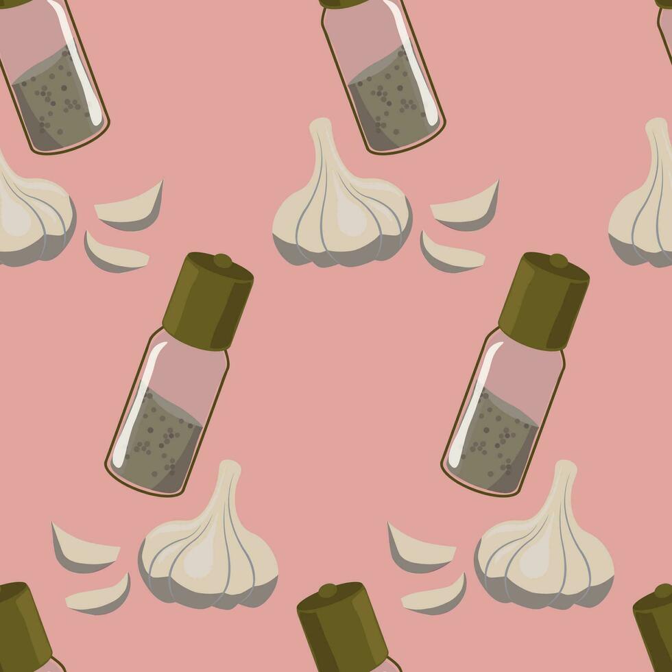 Vector seamless pattern with pepper mills and garlic on pink. Wallpaper, background, paper or textile print
