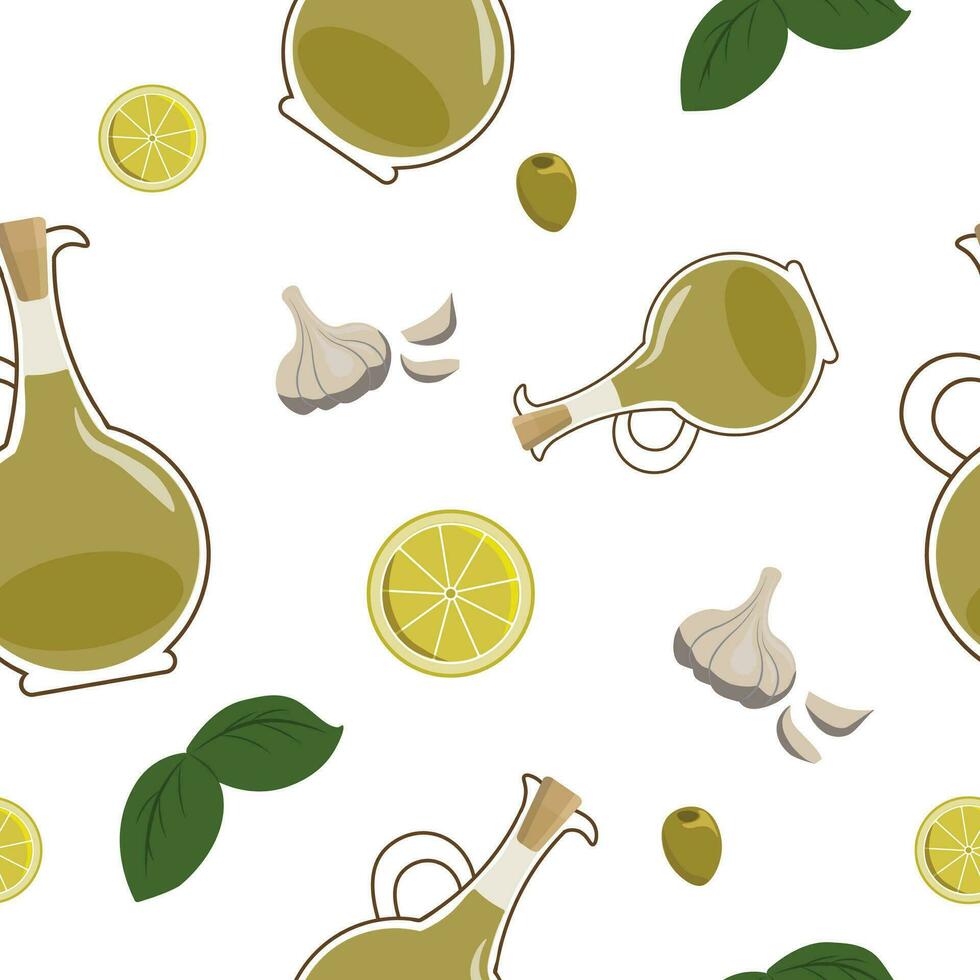 vector sin costura modelo con aceituna petróleo botellas, ajo, limón rebanadas, aceitunas y albahaca en blanco. fondo, fondo de pantalla, textil o papel impresión