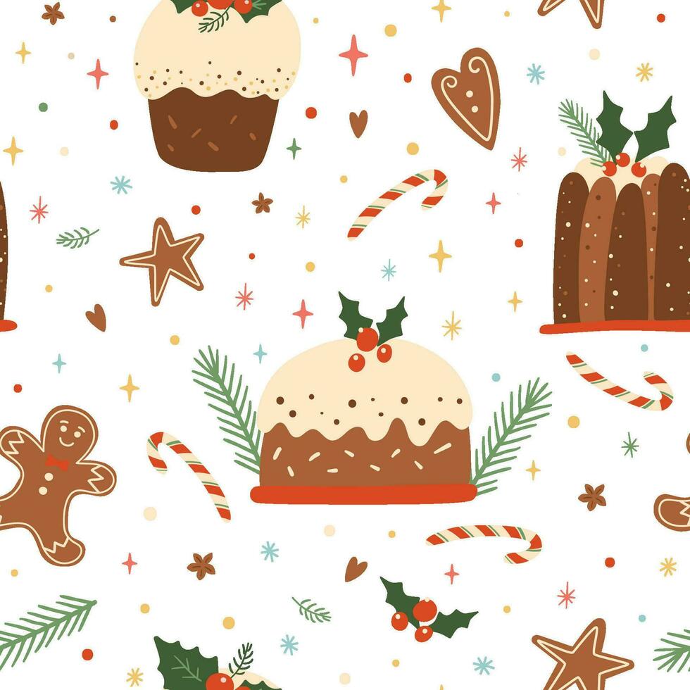 Christmas dessert seamless pattern. Vector Christmas holiday pudding, food, gingerbread, stars repeat background. Decorative baked Christmas cake wallpaper, wrap paper, cute childish textile design.