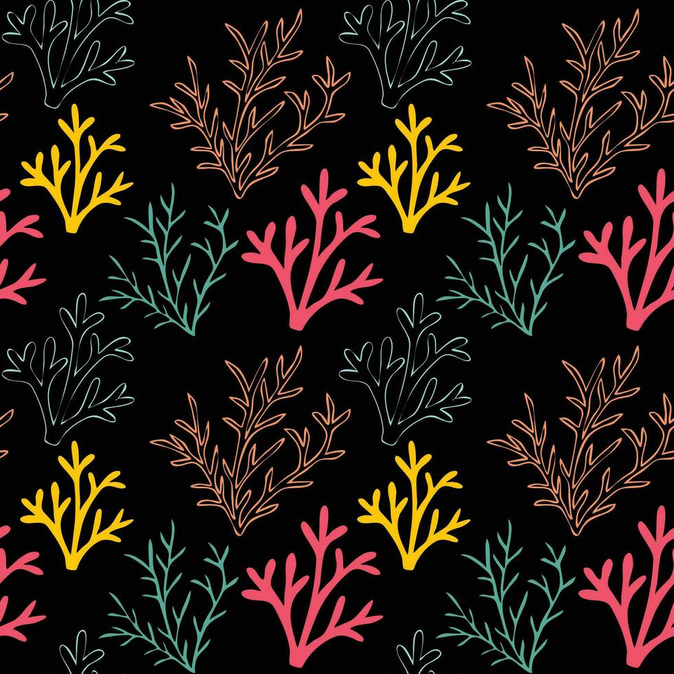 Yellow, pink and mint corals on a black background. Vector seamless pattern with tropical reef. Sea doodles