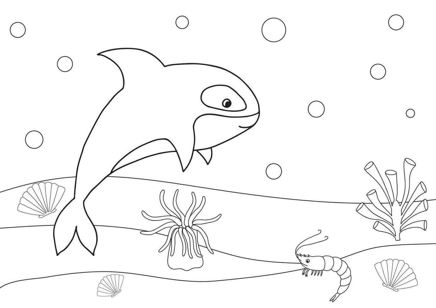 Cute cartoon killer whale. Coloring book or page for kids. Marine life vector