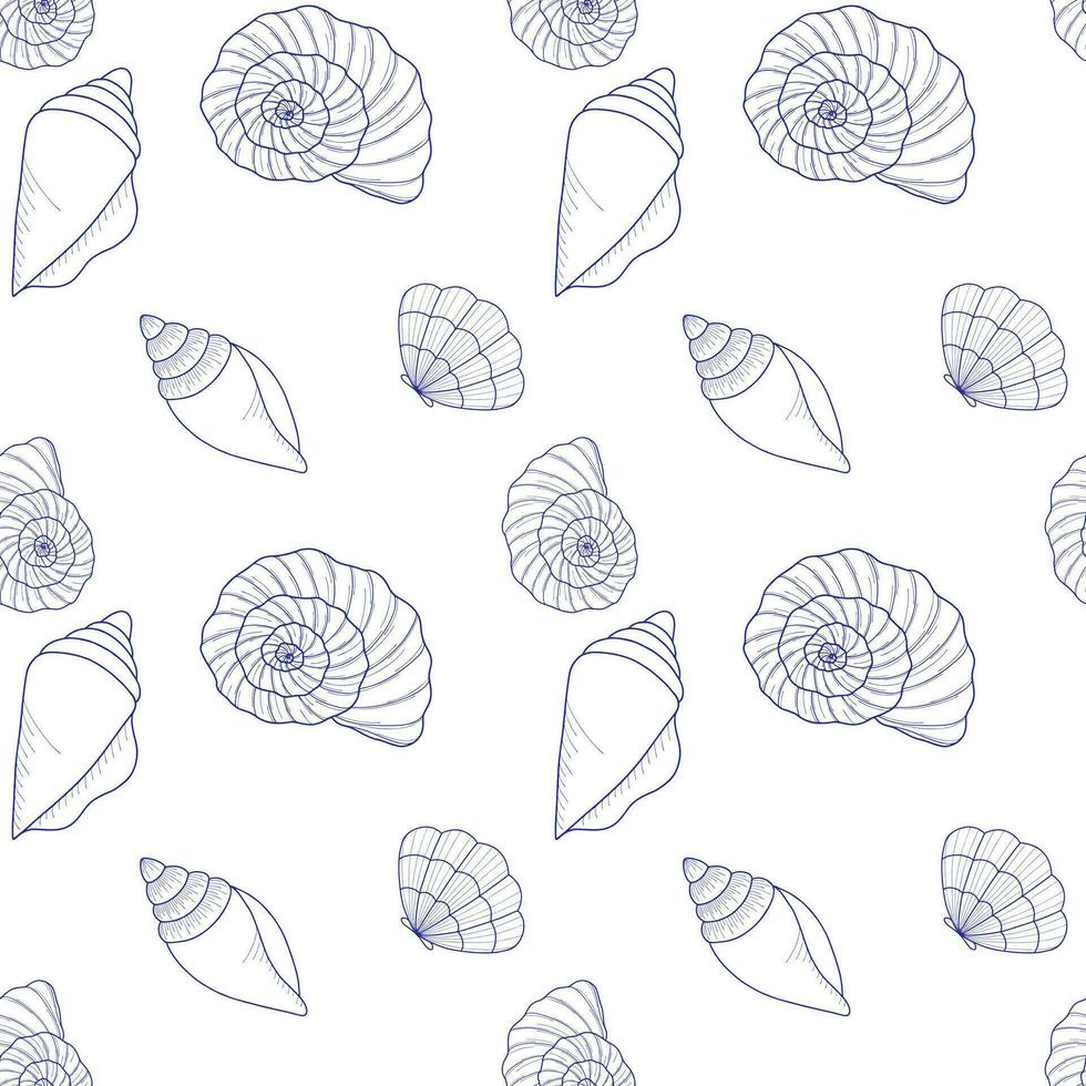 Seamless vector pattern on the marine theme. Various seashells with a blue line on a white background