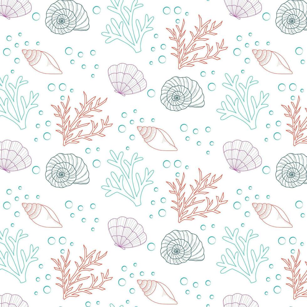 Seamless pattern with seashells and corals. Marine background. Perfect for greetings, invitations, manufacture wrapping paper, textile and web design vector