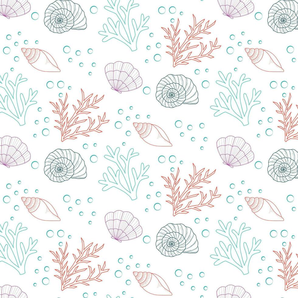 Seamless pattern with seashells and corals. Marine background. Perfect for greetings, invitations, manufacture wrapping paper, textile and web design vector