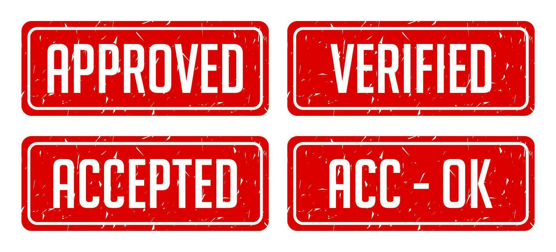 Set stamp design for text APPROVED, VERIFIED, ACCEPTED, and ACC-OK. Rectangular label approved in red color. vector