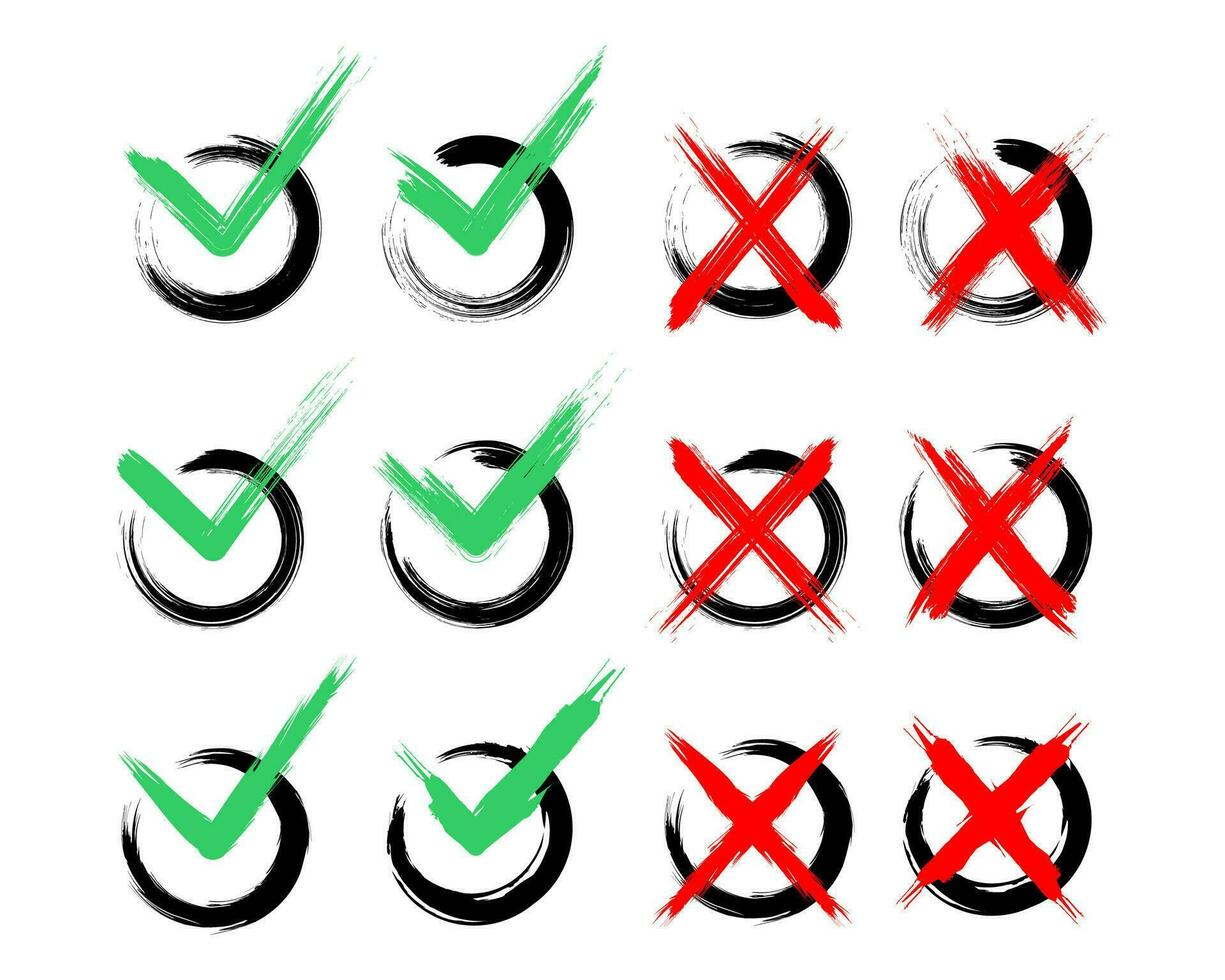 Check mark and wrong mark in brush stroke style icon set. Symbol for approval, acc, ok, rejection, refusal, and acceptance. vector