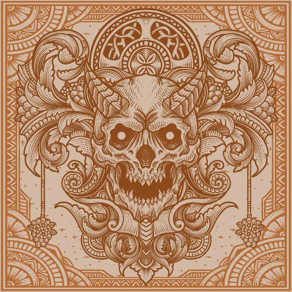 Illustration of demon skull head with vintage engraving ornament in back perfect for your business and Merchandise vector