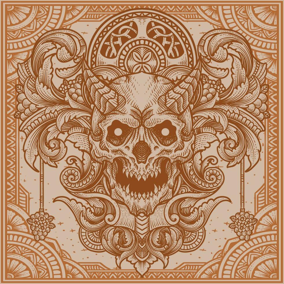 Illustration of demon skull head with vintage engraving ornament in back perfect for your business and Merchandise vector