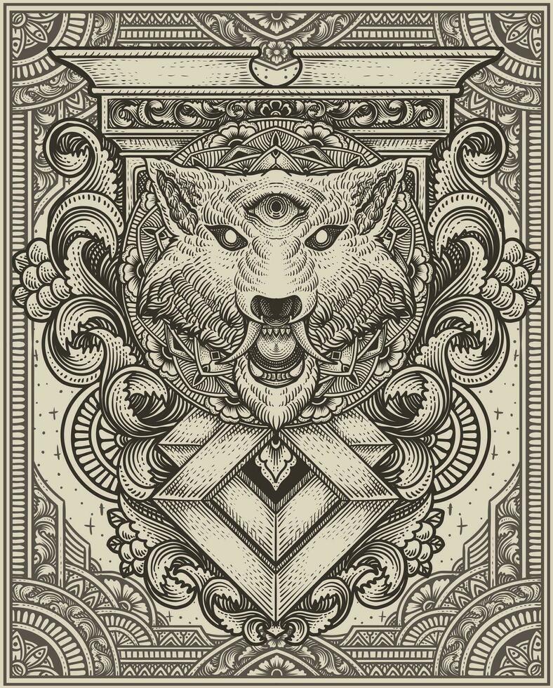 enojado lobo cabeza con antiguo grabado ornamento estilo bueno para tu mercancías dan t camisa vector