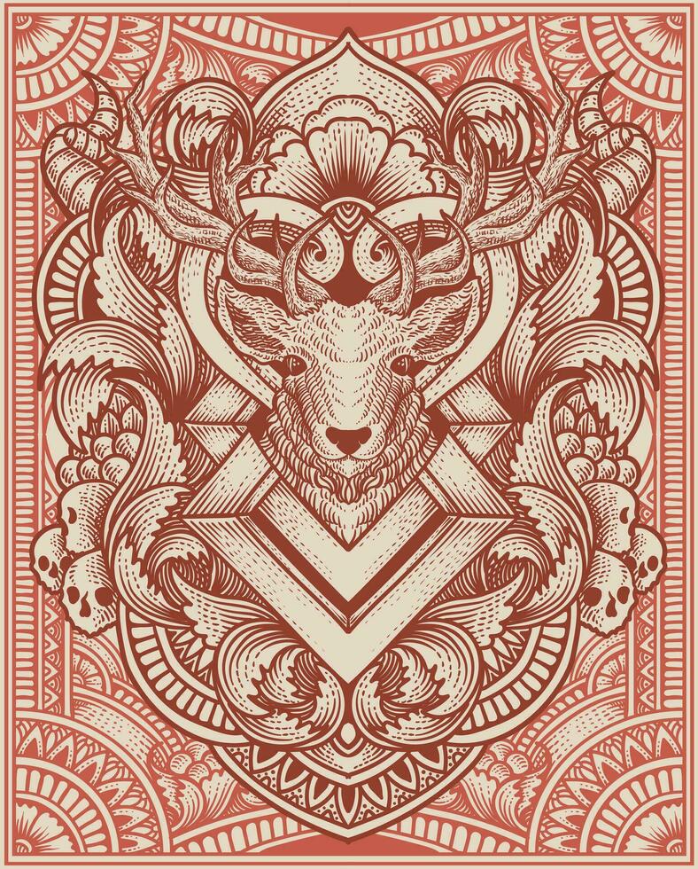 ilustración ciervo cabeza con antiguo grabado ornamento estilo bueno para tu mercancías dan t camisa vector