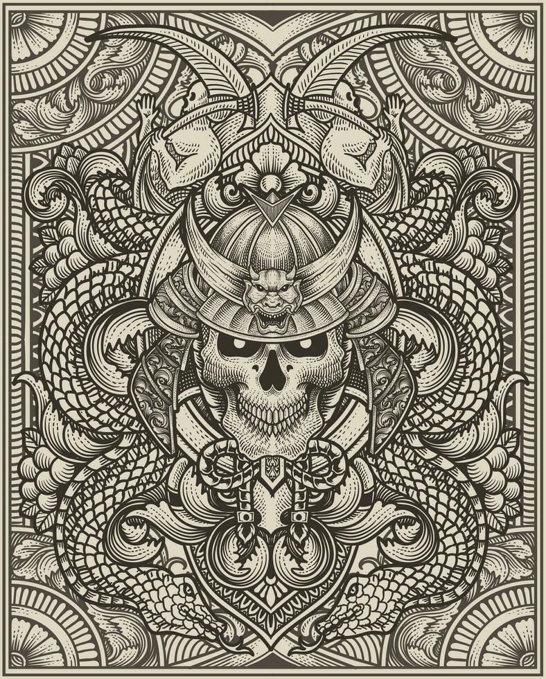 vector ilustración. de miedo samurai cabeza cráneo con Clásico grabado ornamento estilo Perfecto para tu negocio y t camisa mercancías