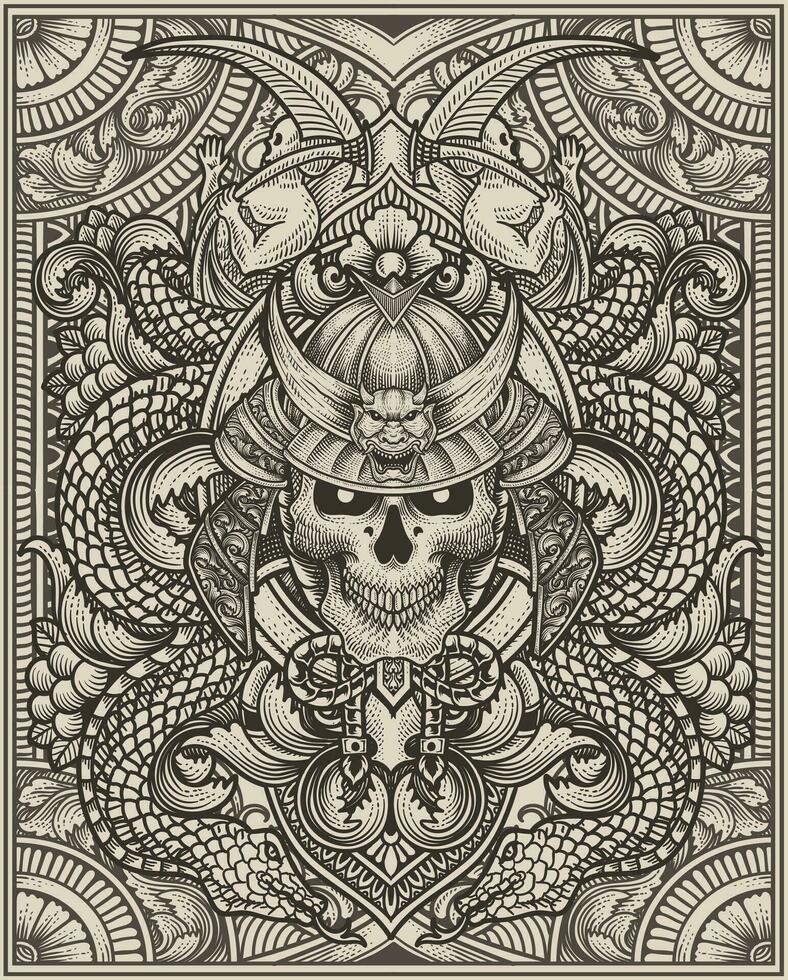 Vector illustration. scary samurai head skull with vintage engraving ornament style perfect for your business and T shirt merchandise