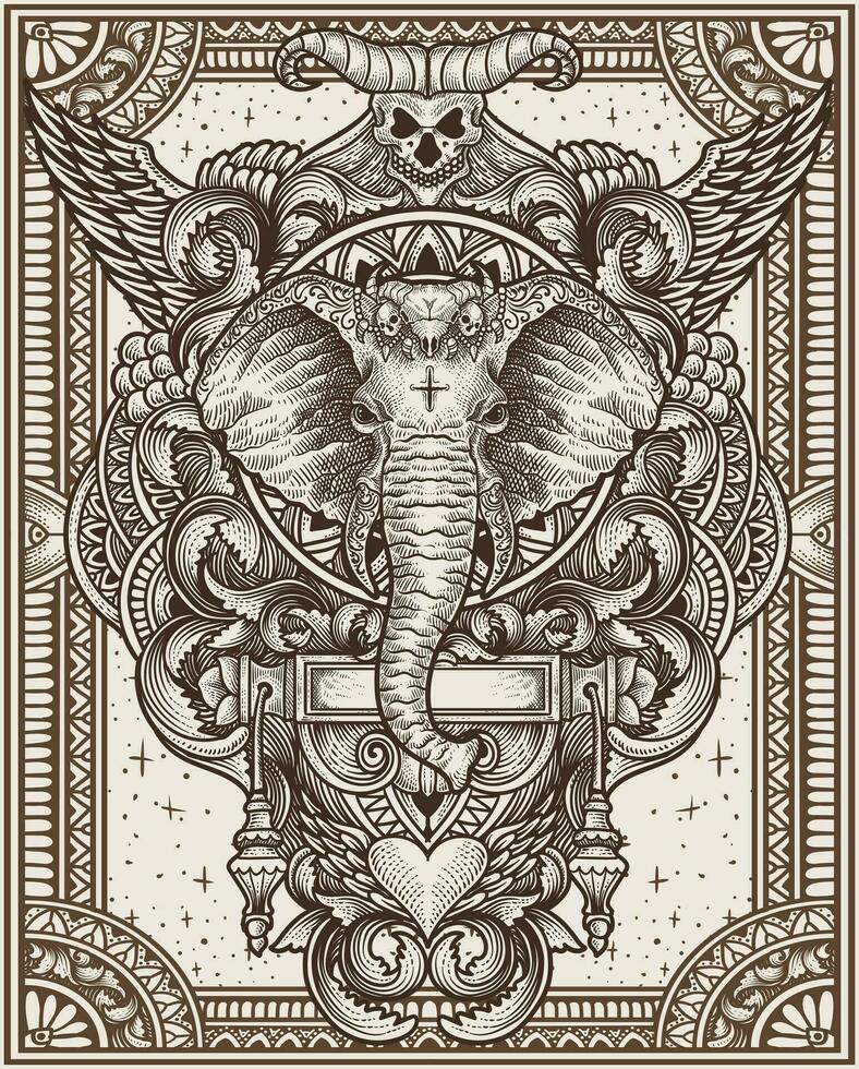 ilustración de elefante cabeza con Clásico grabado ornamento en espalda Perfecto para tu negocio y mercancías vector