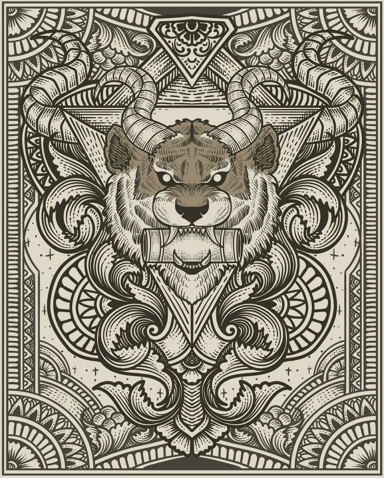 demon tiger head with antique engraving ornament style good for your merchandise dan T shirt vector
