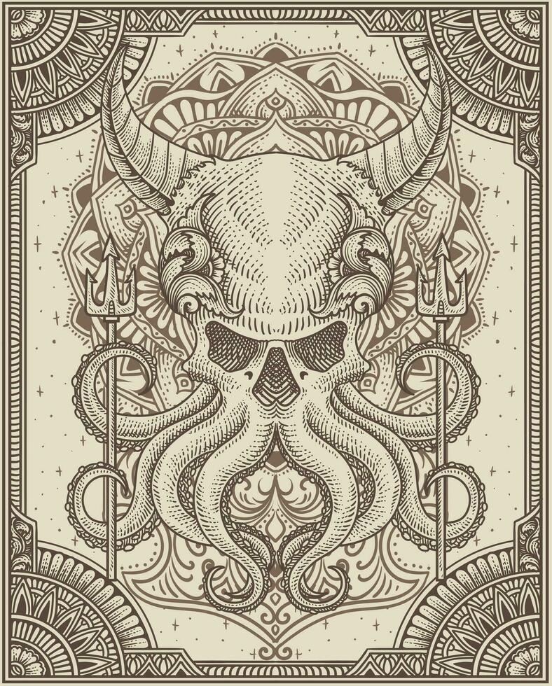 ilustración demonio pulpo con dos tridente antiguo grabado ornamento estilo bueno para tu mercancías dan t camisa vector
