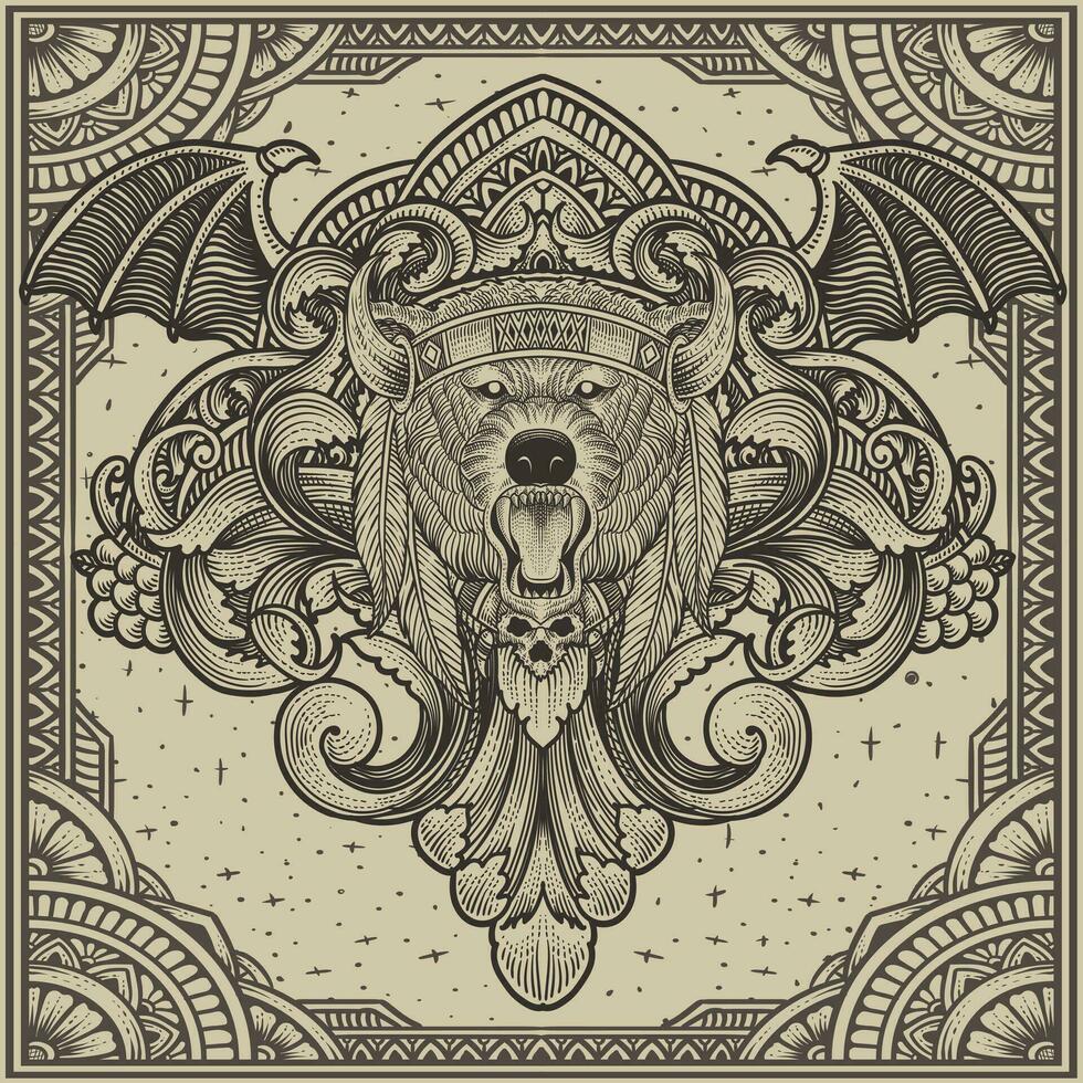 Illustration of tribal bear head with vintage engraving ornament in back perfect for your business and Merchandisea vector