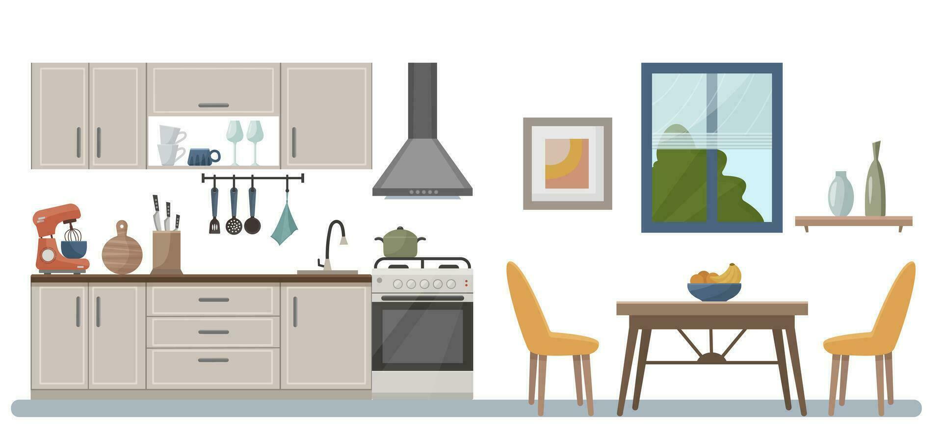 Cozy kitchen interior with furniture, stove, extractor hood. Decor for the kitchen. vector