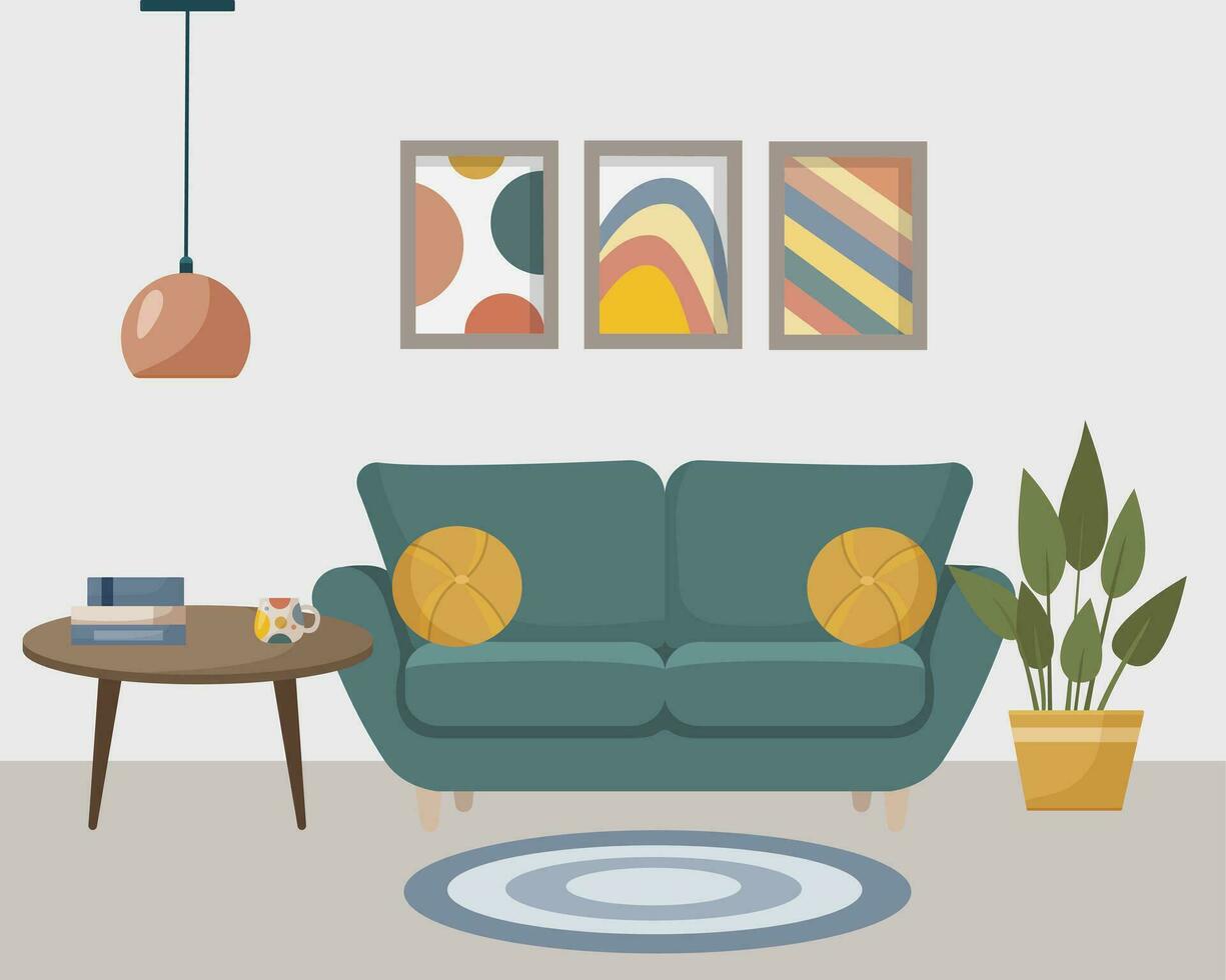 Living room. Home furniture. Living room interior with sofa, table, paintings, lamp, house flower, Vector illustration in flat style.