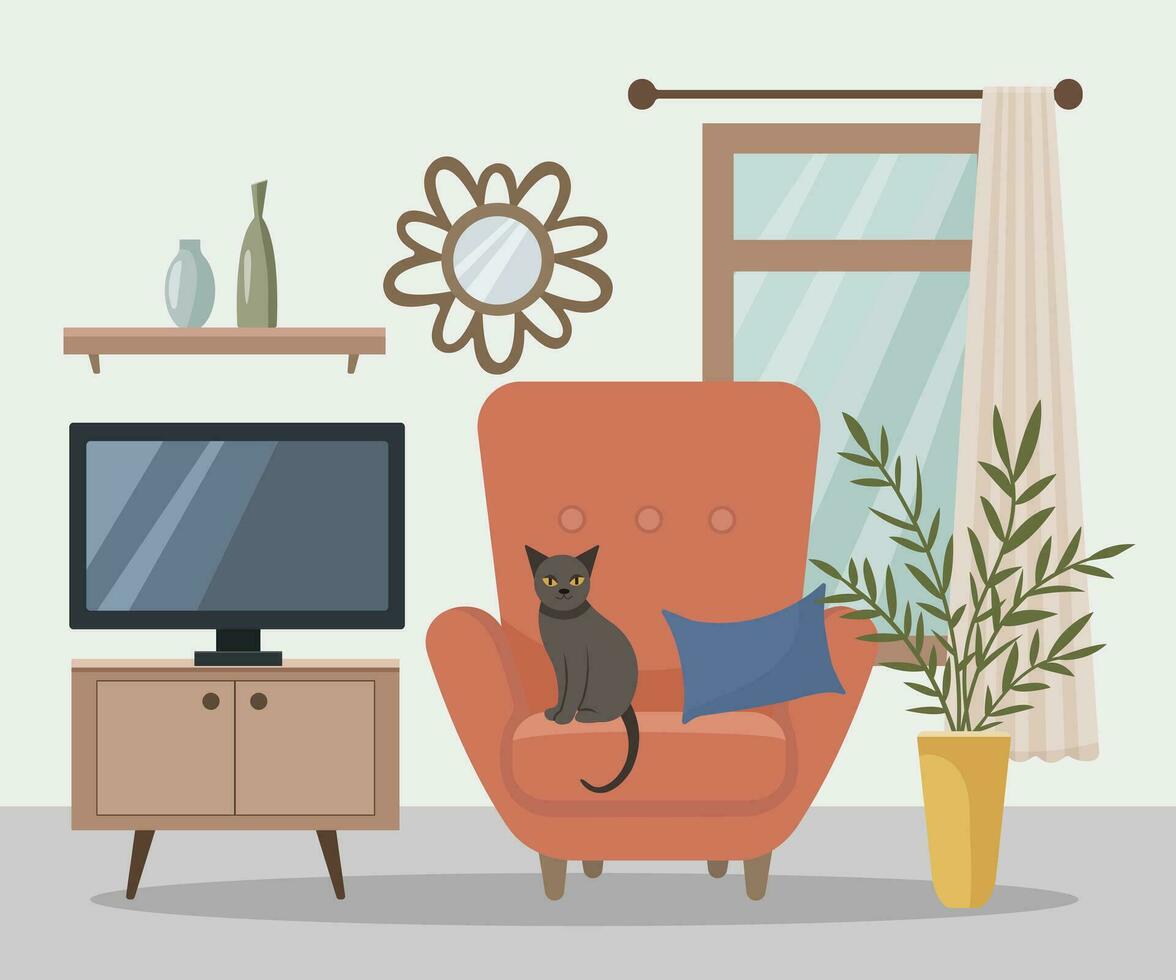 vivo habitación interior con sillón, televisor, espejo, ventana, hogar flor. el gato es en el silla. vivo habitación. hogar mueble. vector ilustración en un plano estilo.