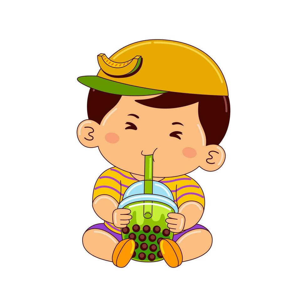 Kawaii kids drinking ice cream vector illustration