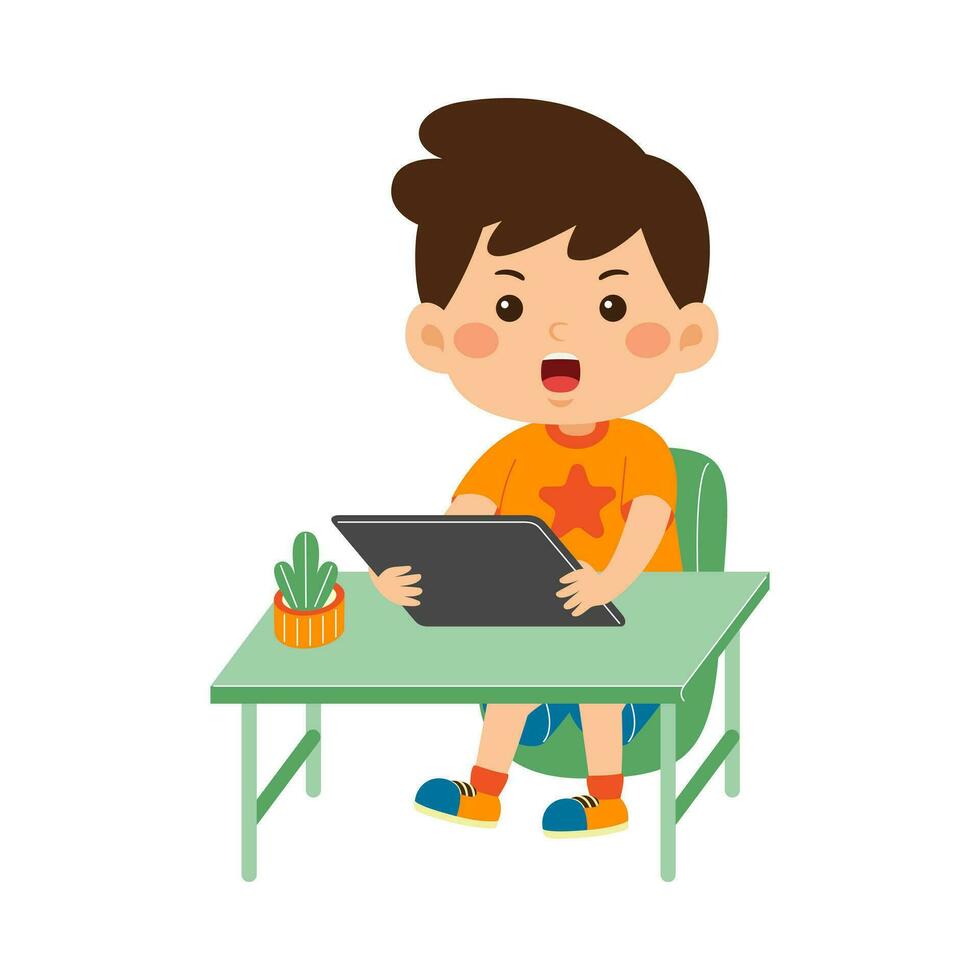 cute little kid use tablet vector illustration