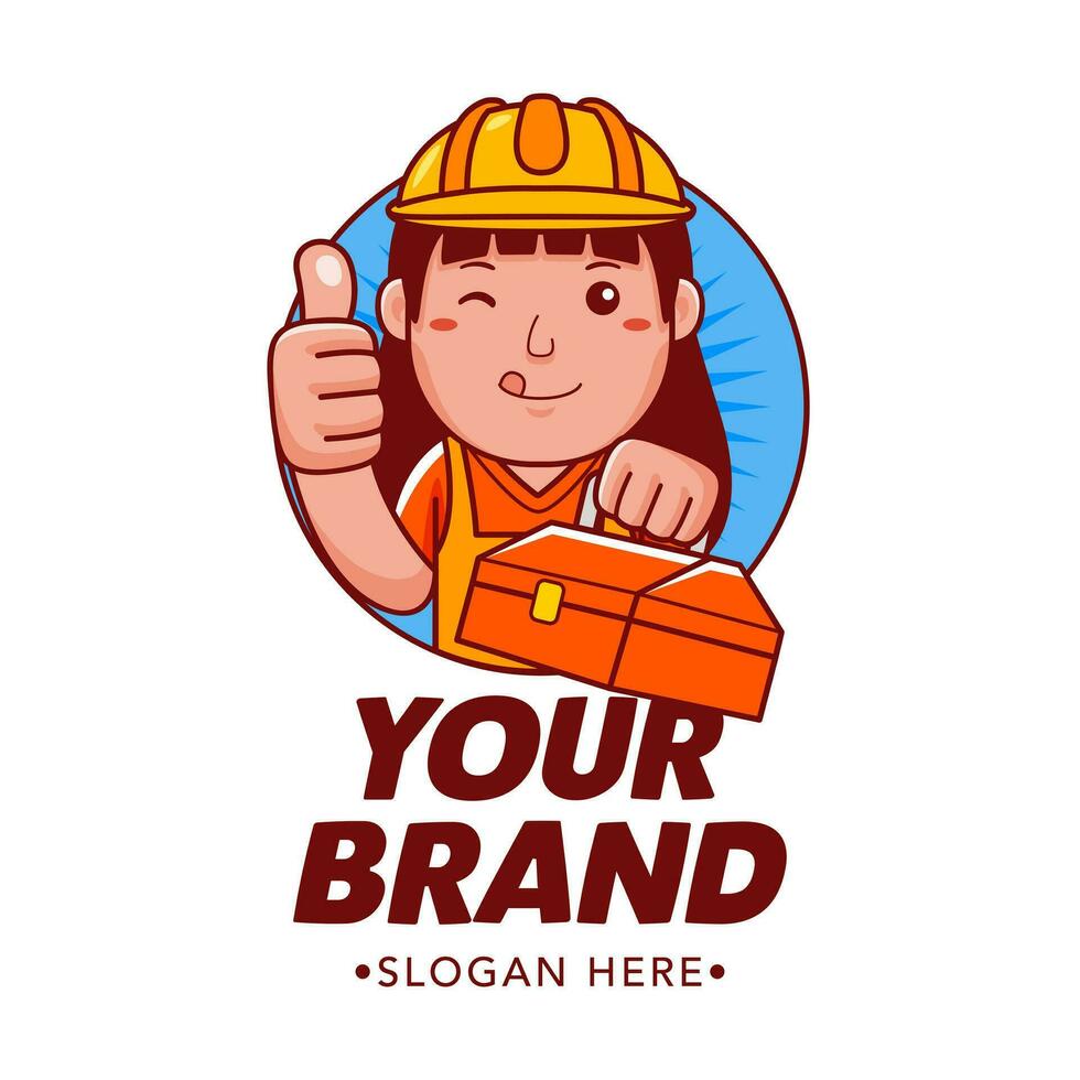 Woman Builder Cartoon Character Logo Vector Template