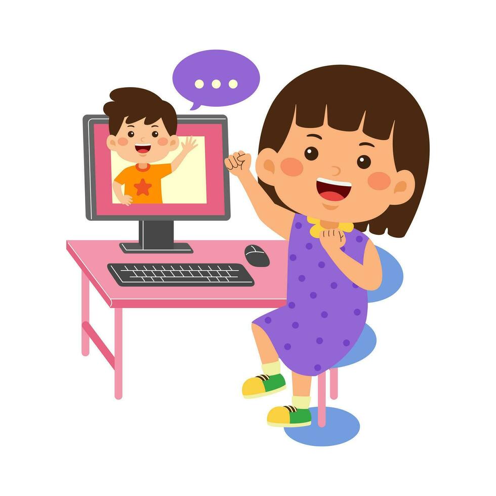 cute little kid girl use computer vector