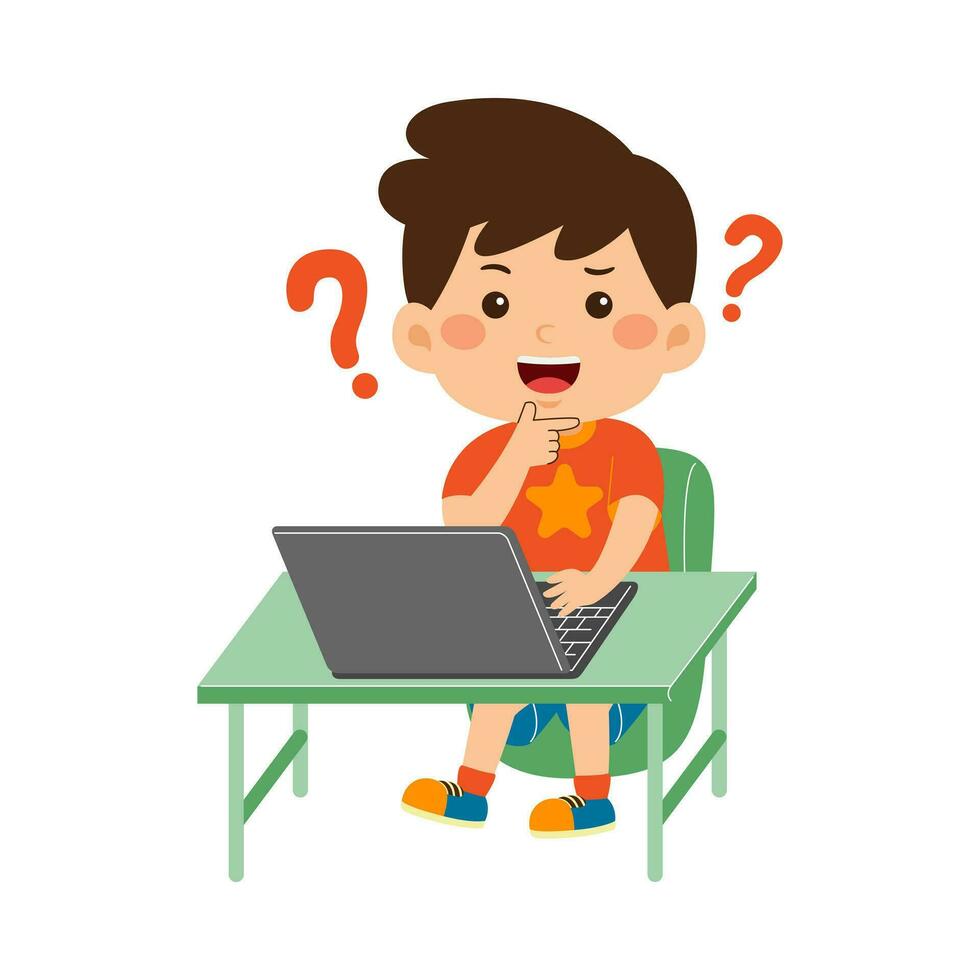 cute little kid use laptop vector illustration
