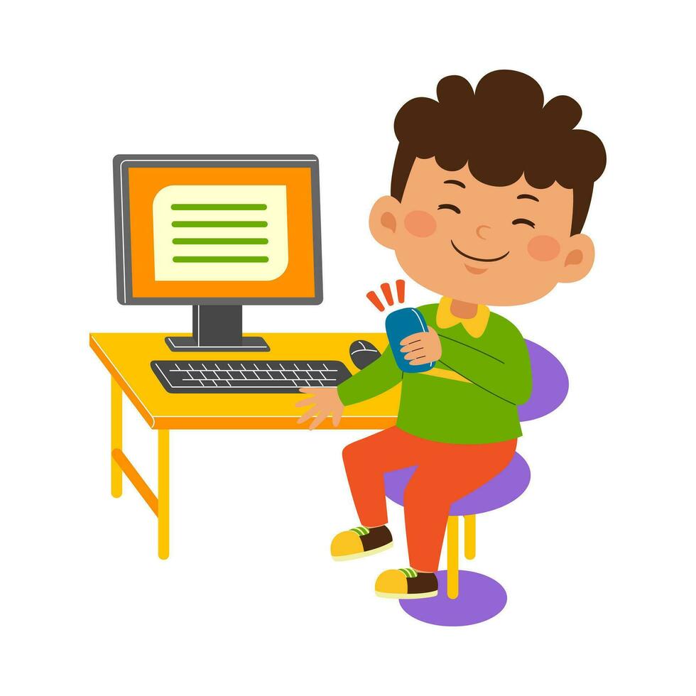 cute little kid girl use computer vector illustration