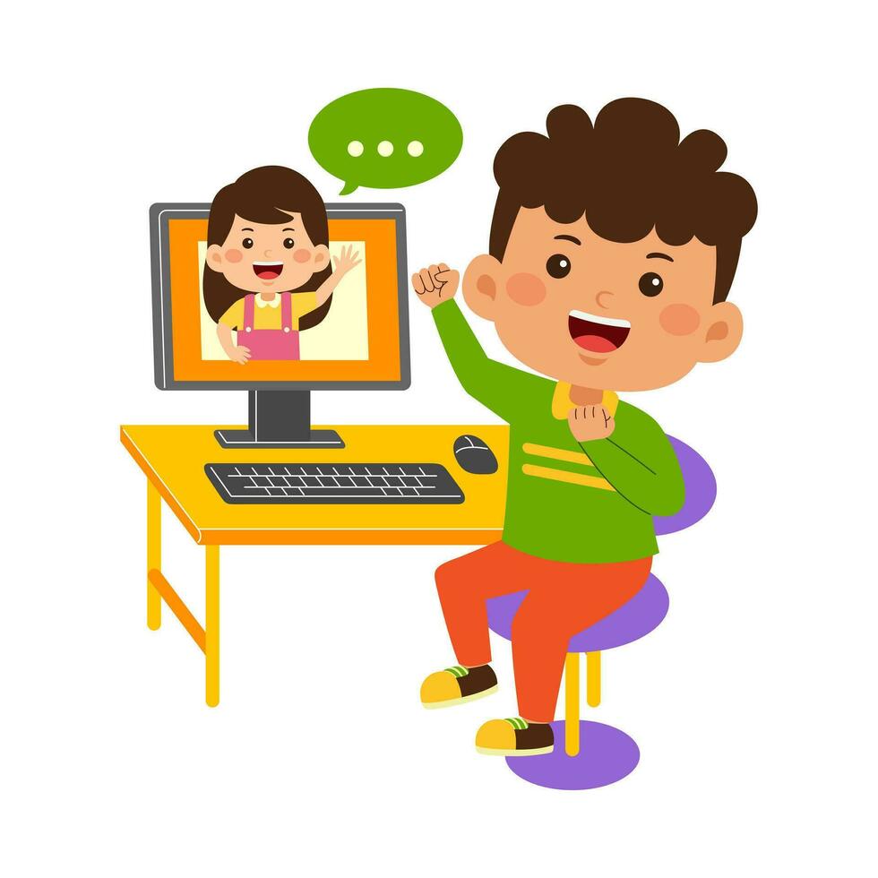 linda pequeño niño niña utilizar computadora vector ilustración