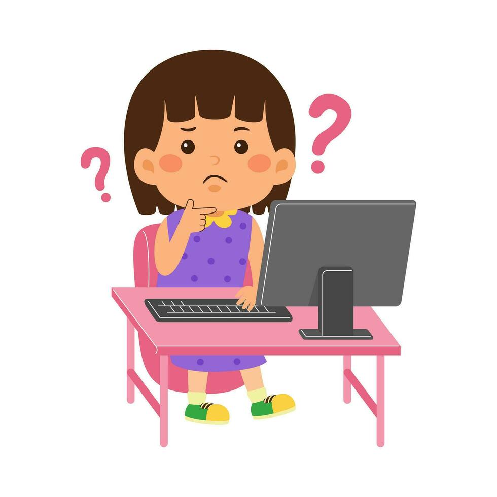 cute little kid girl use computer vector illustration