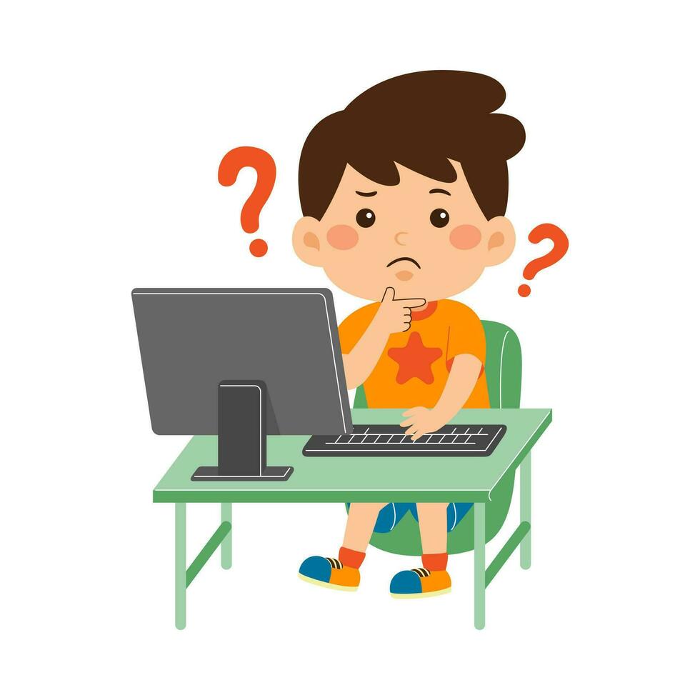 cute little kid girl use computer vector illustration