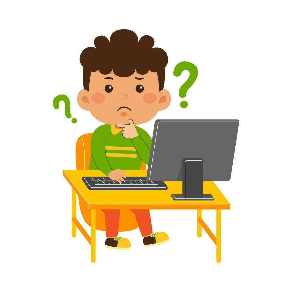 cute little kid girl use computer vector illustration