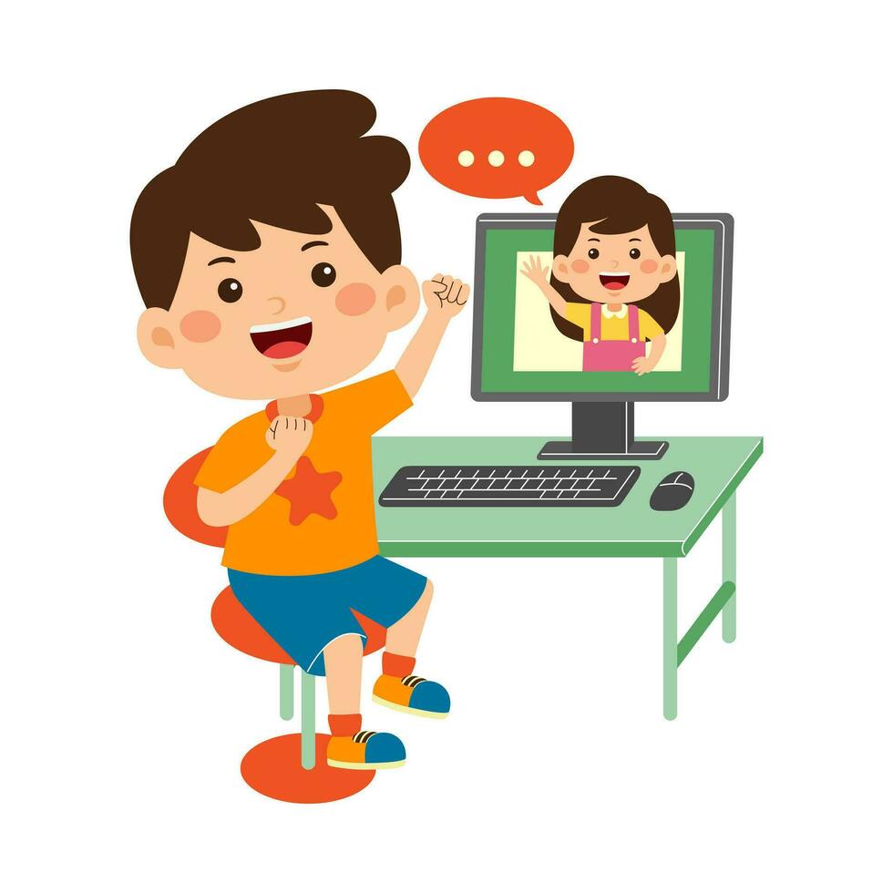 cute little kid girl use computer vector illustration