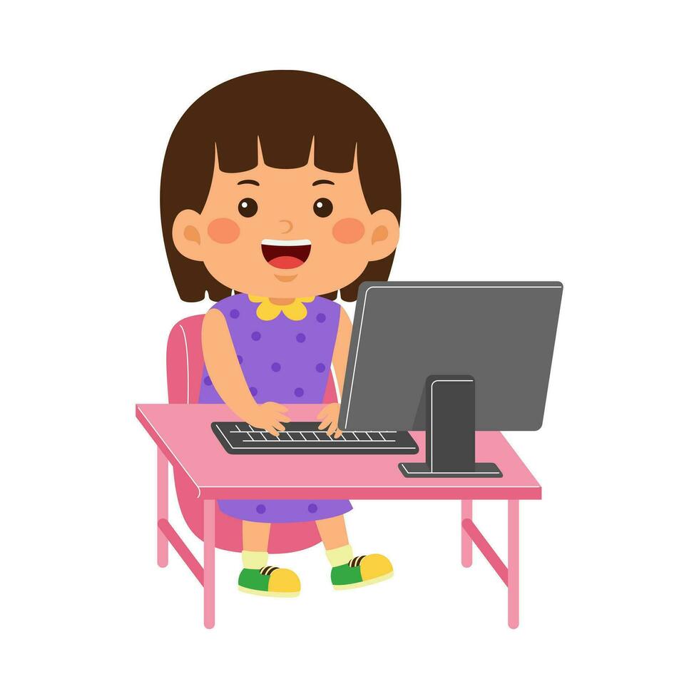 linda pequeño niño niña utilizar computadora vector