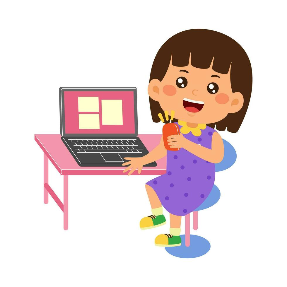 cute little kid use laptop vector illustration