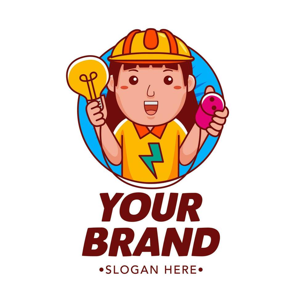 Woman Electrician Cartoon Character Logo Vector Template