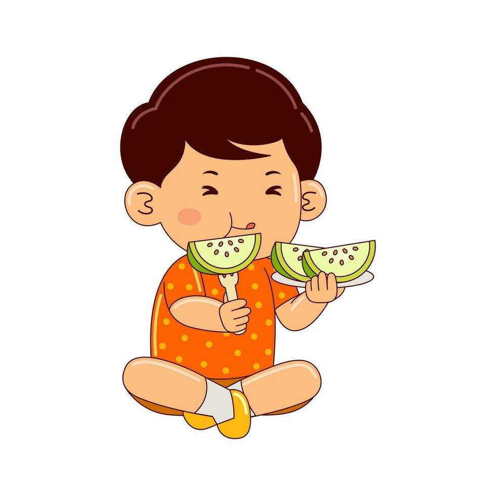 Kids eating fruit vector illustration