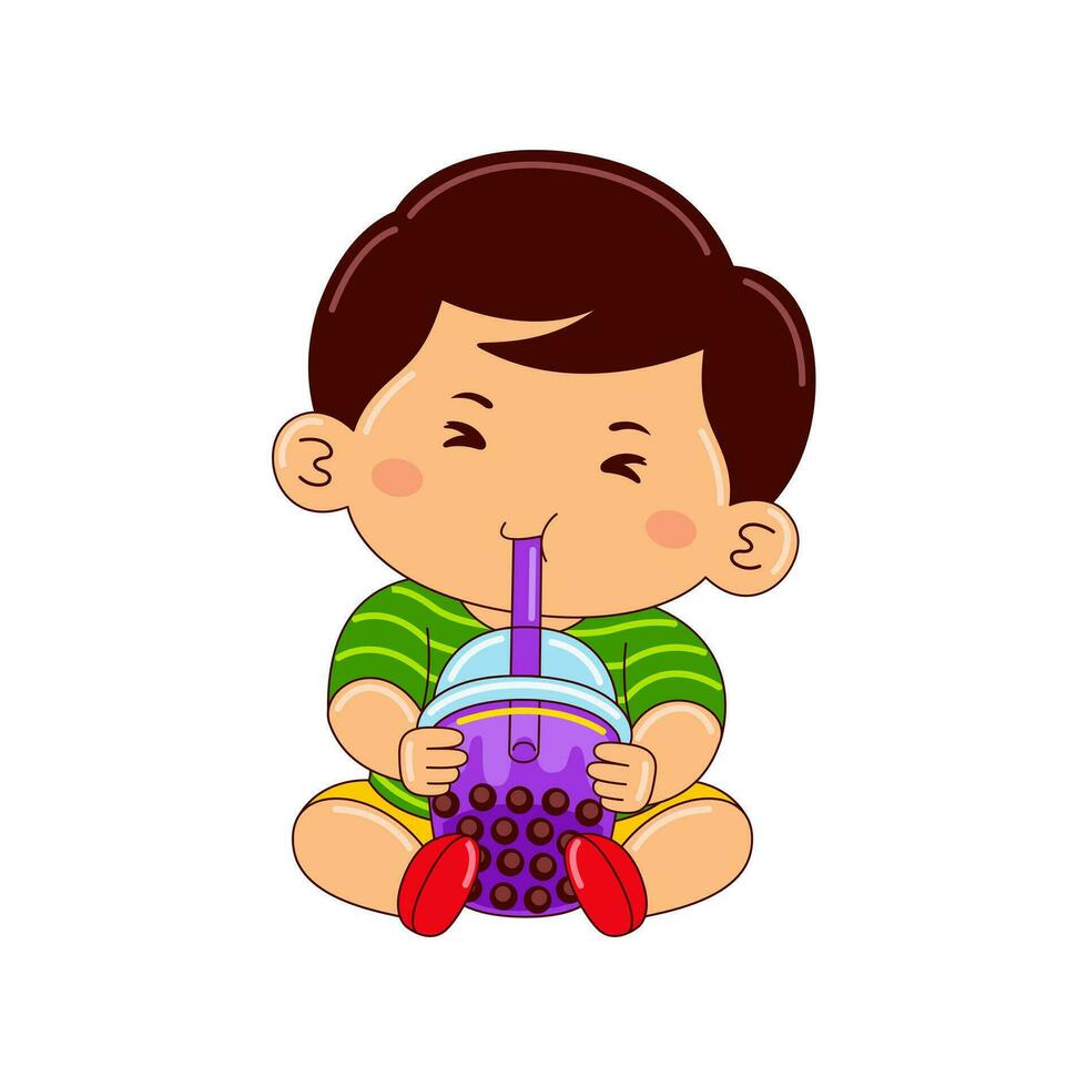 Kawaii kids drinking ice cream vector illustration