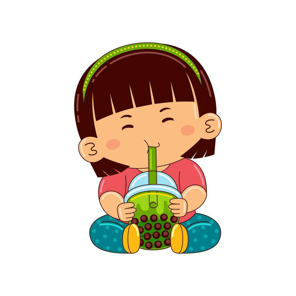 Kawaii kids drinking ice cream vector illustration