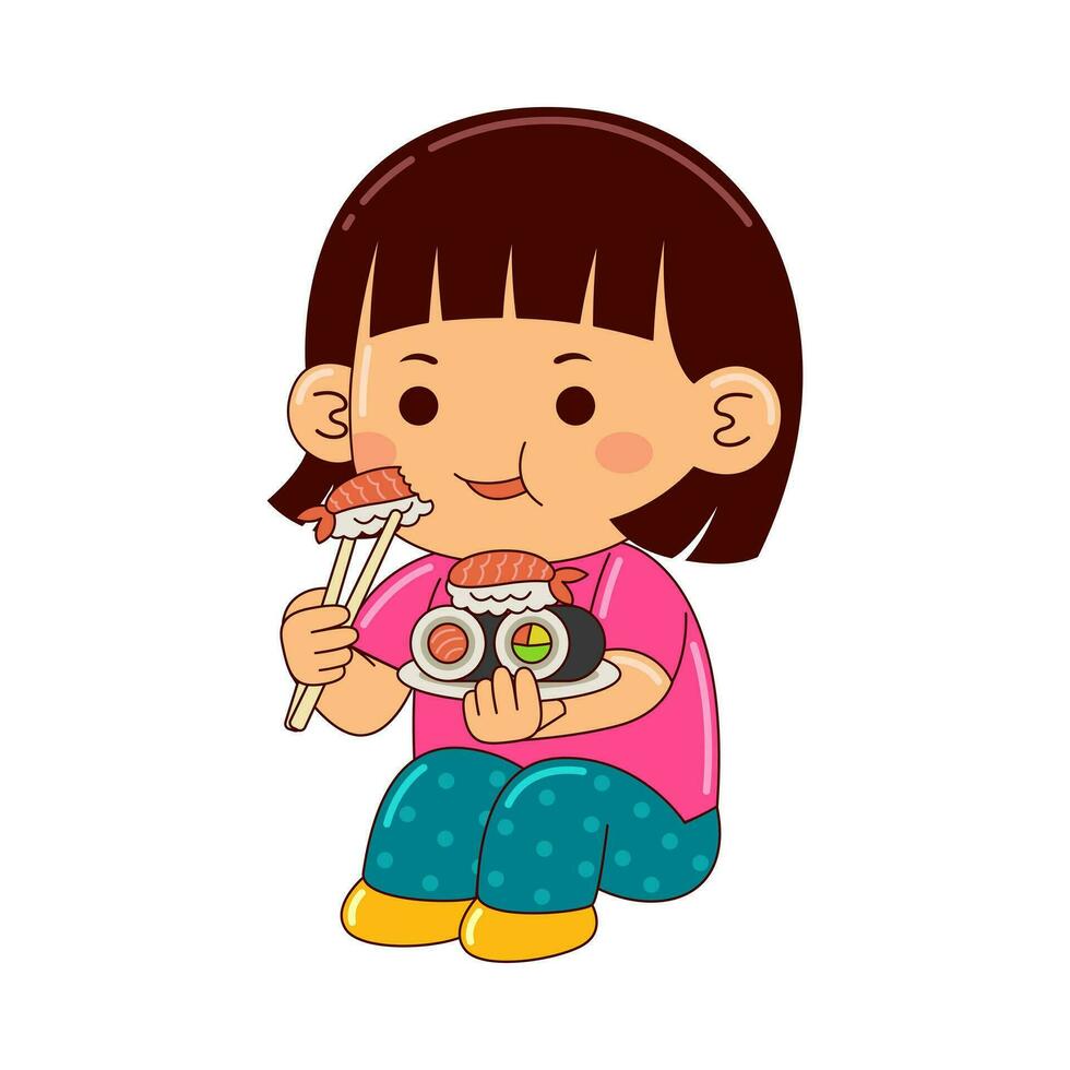 Kids eating japan food vector illustration