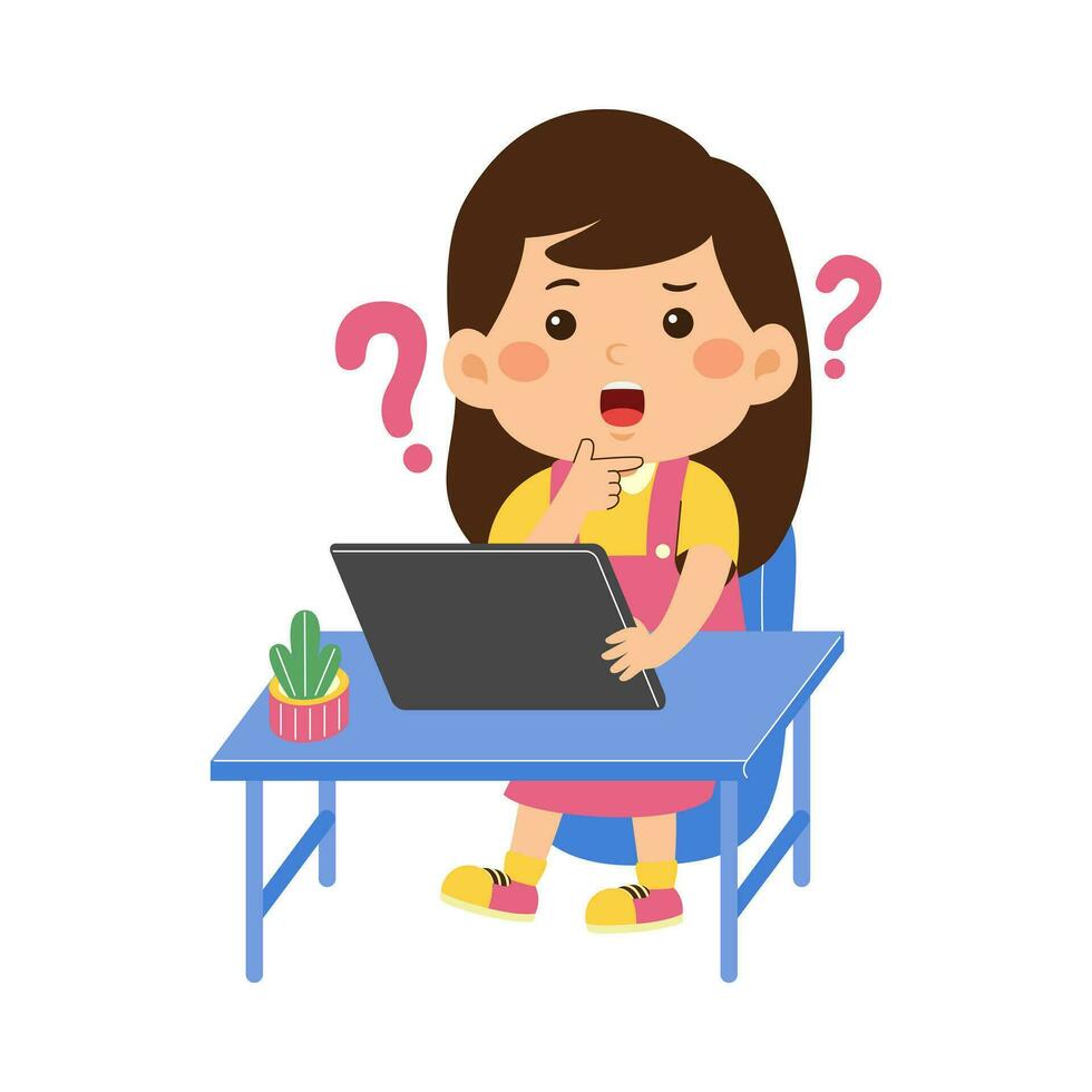 cute little kid use tablet vector illustration