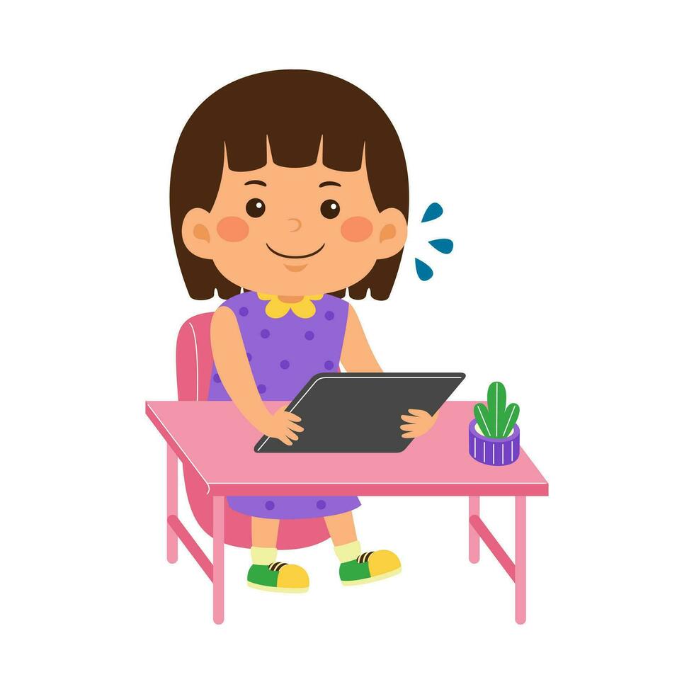 cute little kid use tablet vector illustration